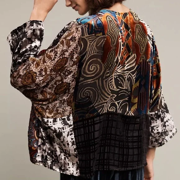 Anthropologie Floreat Velvet Burnout Muse Kimono Top O/S Patchwork Open‎ Front - Picture 2 of 12